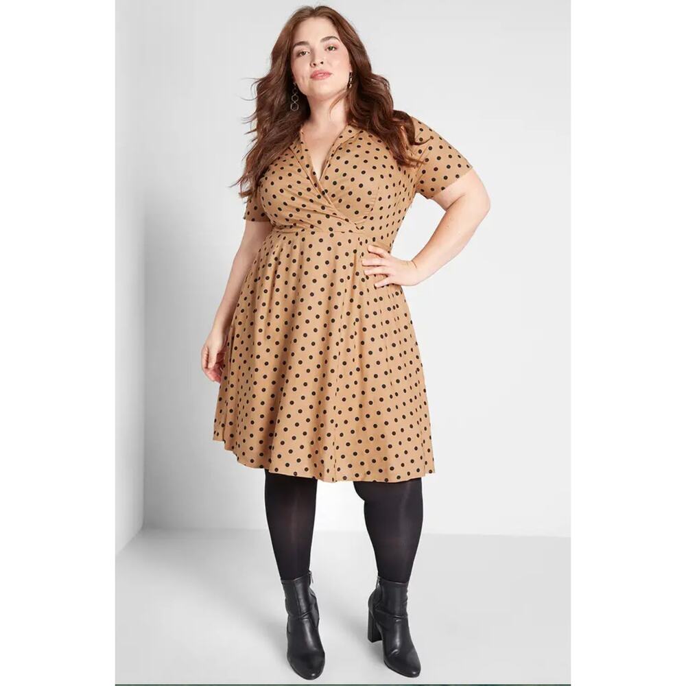 Modcloth Tan Polka Dot Wrap Midi Dress
